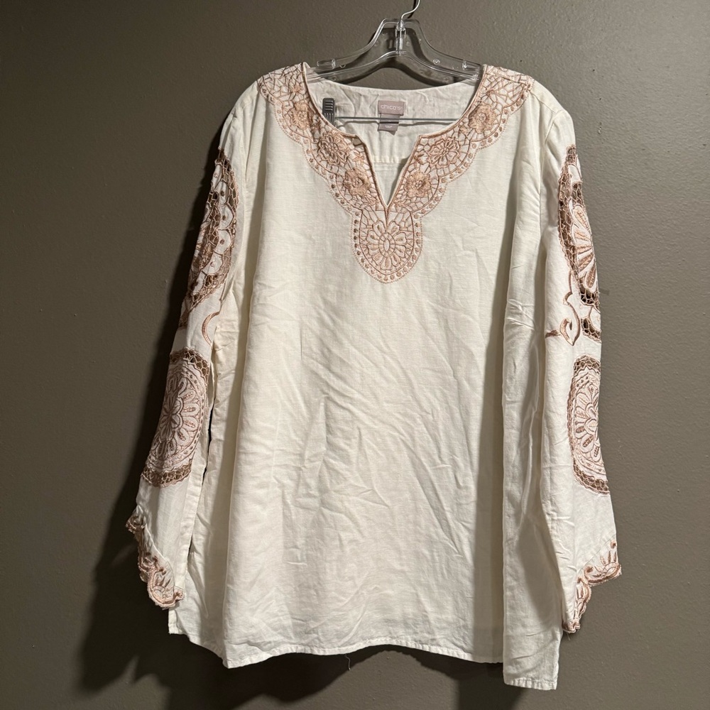 Chico's Cream Tunic with Brown Embroidered Medallions